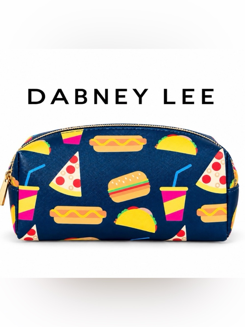 Dabney Lee Makeup Cosmetic Bag with Junk Food Pizza Taco Hot Dog Theme Navy